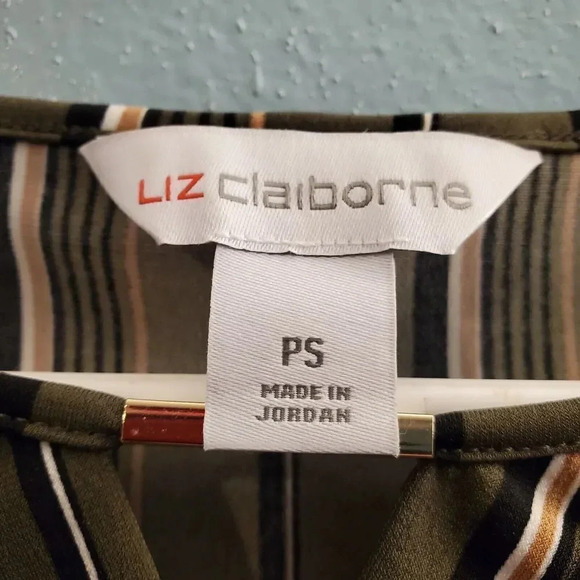 Liz Claiborne Blouse Womens PS Olive Green Striped Keyhole Vneck Petite Small - Picture 3 of 4